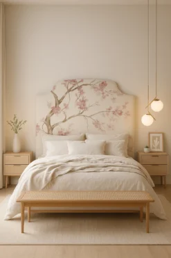 Respaldo Delta con diseño Cerezos, estampa floral en tonos suaves sobre panamá, estructura recta y estética poética de Flor Chedufau.