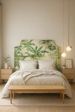 Respaldo Delta con diseño Tropical, estampa botánica vibrante en panamá, forma recta con carácter de Flor Chedufau.