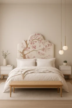 Respaldo Flor de Lino con diseño Cerezos, ilustración floral estampada en panamá, exclusivo de Flor Chedufau.