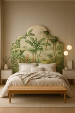 Respaldo de cama Flor de Lino con diseño Tropical, estampa botánica en verdes intensos sobre panamá, obra de Flor Chedufau.