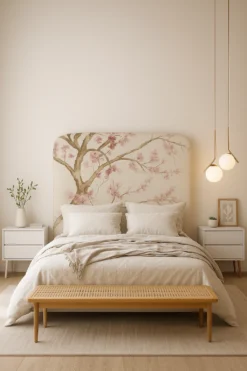 Mockup del respaldo Nido con diseño Cerezos, estampa floral sobre estructura curva tapizada.