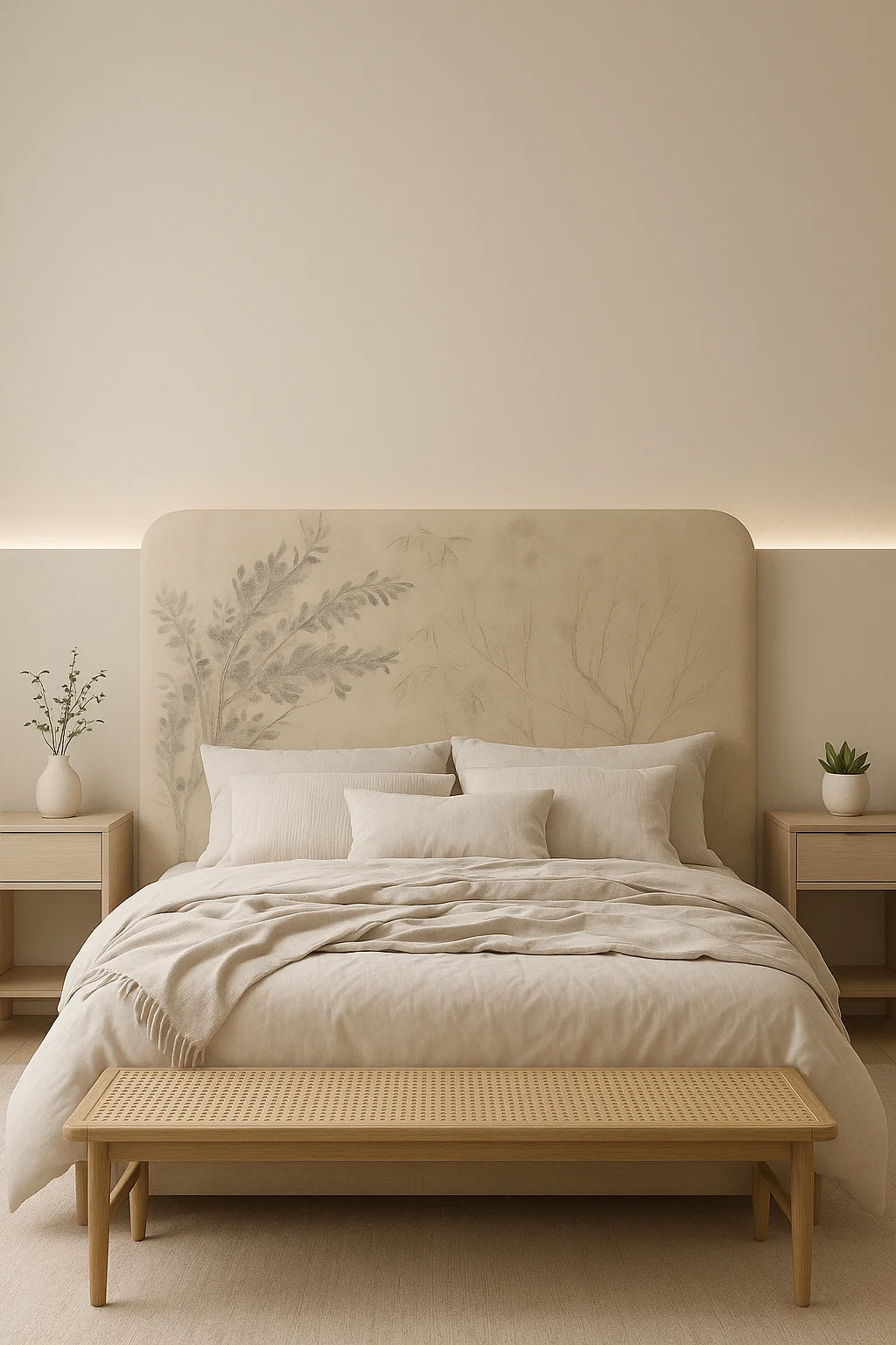 Respaldo Nido con diseño Hojas del alba en mockup ambientado. Estampa botánica en forma envolvente.