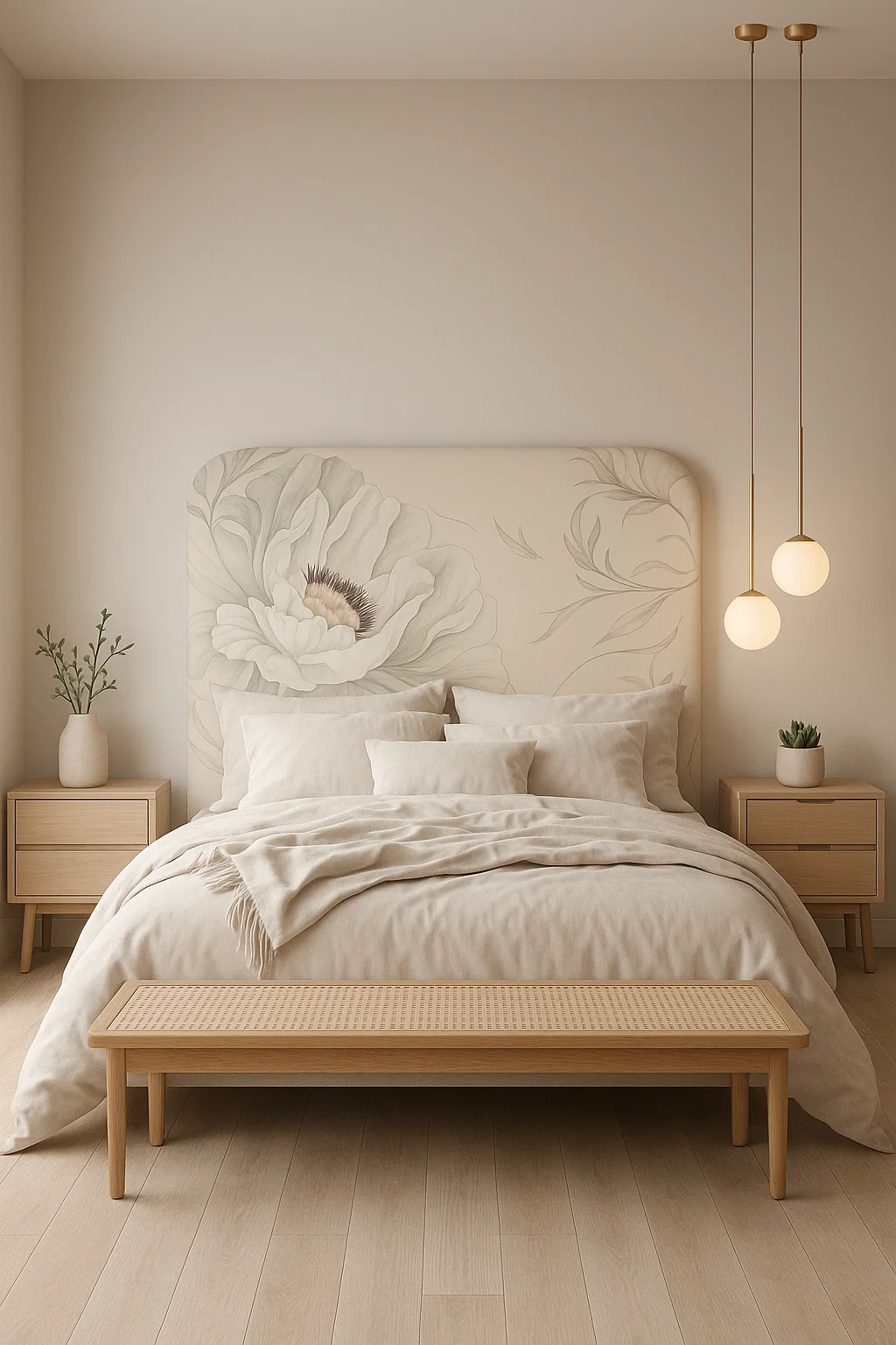 Mockup de respaldo Nido con diseño Peonias, estampa botánica romántica en estructura de líneas envolventes.