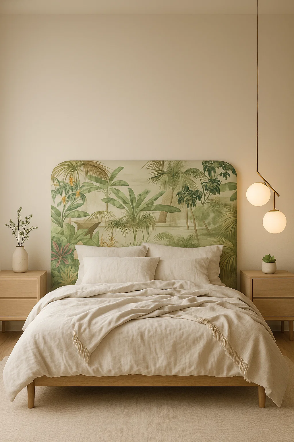 Respaldo Nido con diseño Tropical en ambientación. Estampa verde vibrante sobre forma envolvente.