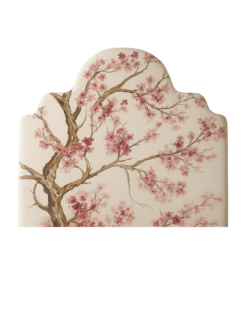 Diseño Cerezos estampado en tela panamá para respaldo de cama, con ilustración artística de floración en tonos suaves, exclusivo de Flor Chedufau.