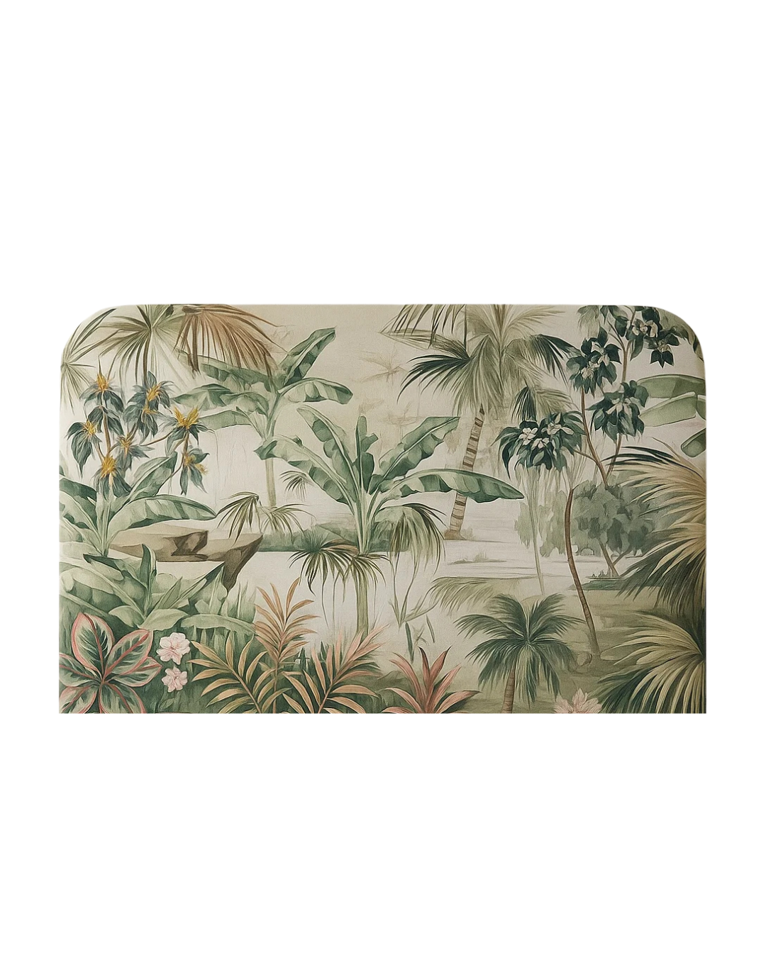 Foto frontal del respaldo Nido con diseño Tropical, estructura de madera y estampa vibrante.