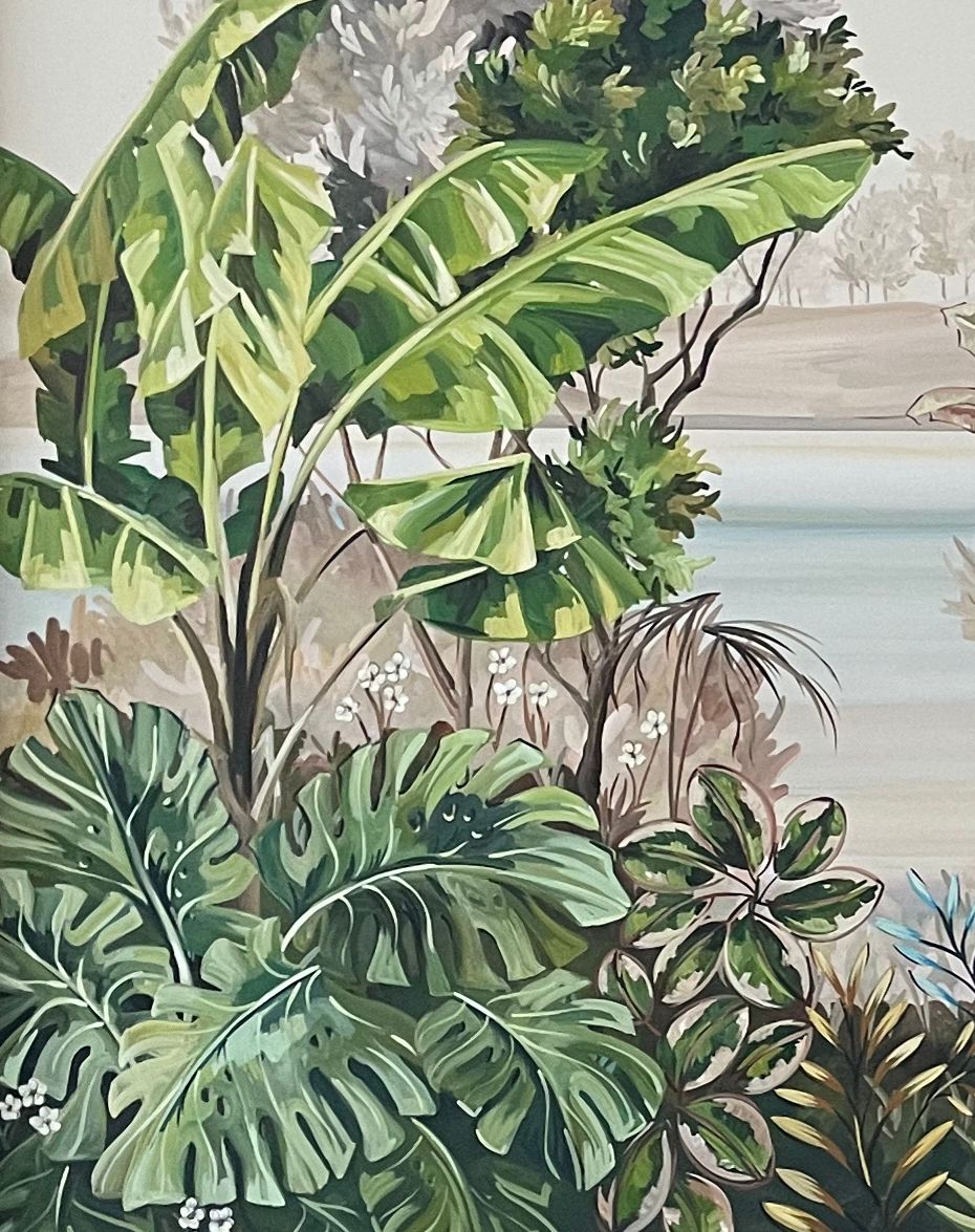paisaje frondoso de plantas pintado sobre mural, abunda el verde y diferentes tipos de plantas